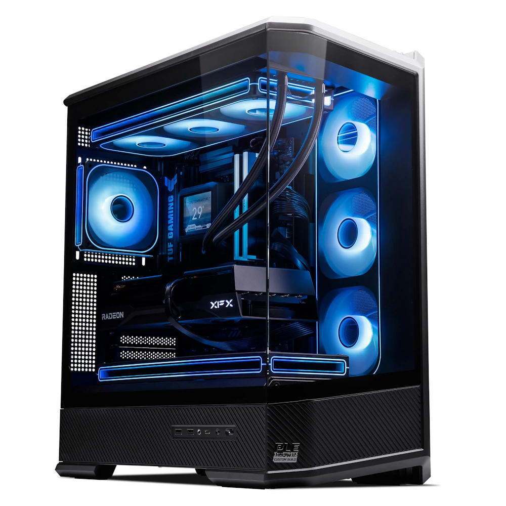 A large main feature product image of PLE Monsoon RX 9070 XT Prebuilt Ready To Go Gaming PC