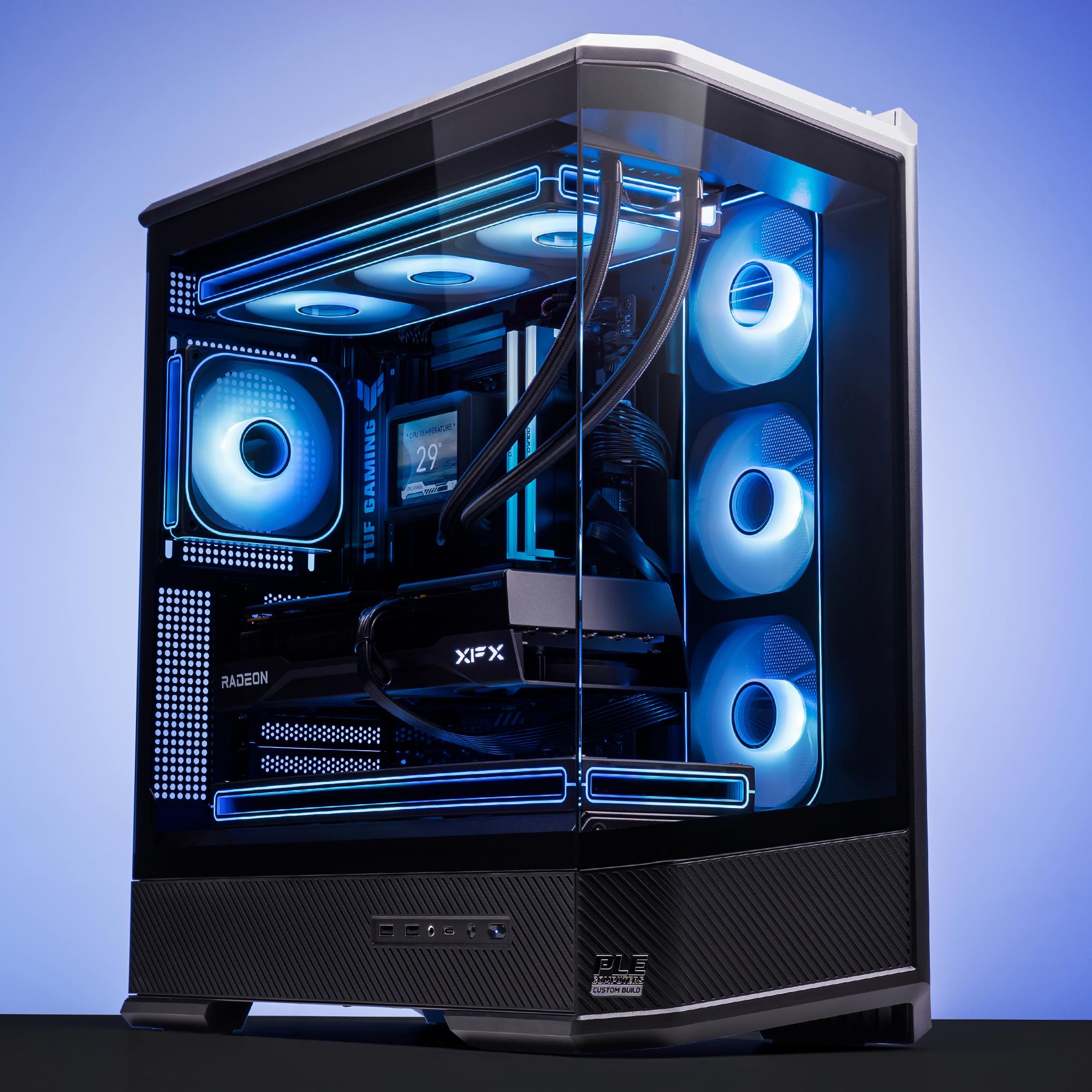 A large main feature product image of PLE Monsoon RX 9070 XT Prebuilt Ready To Go Gaming PC