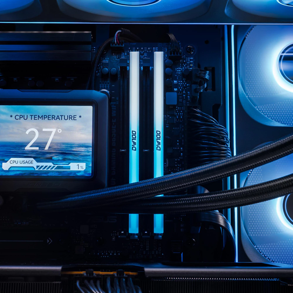 A large main feature product image of PLE Monsoon RX 9070 XT Prebuilt Ready To Go Gaming PC