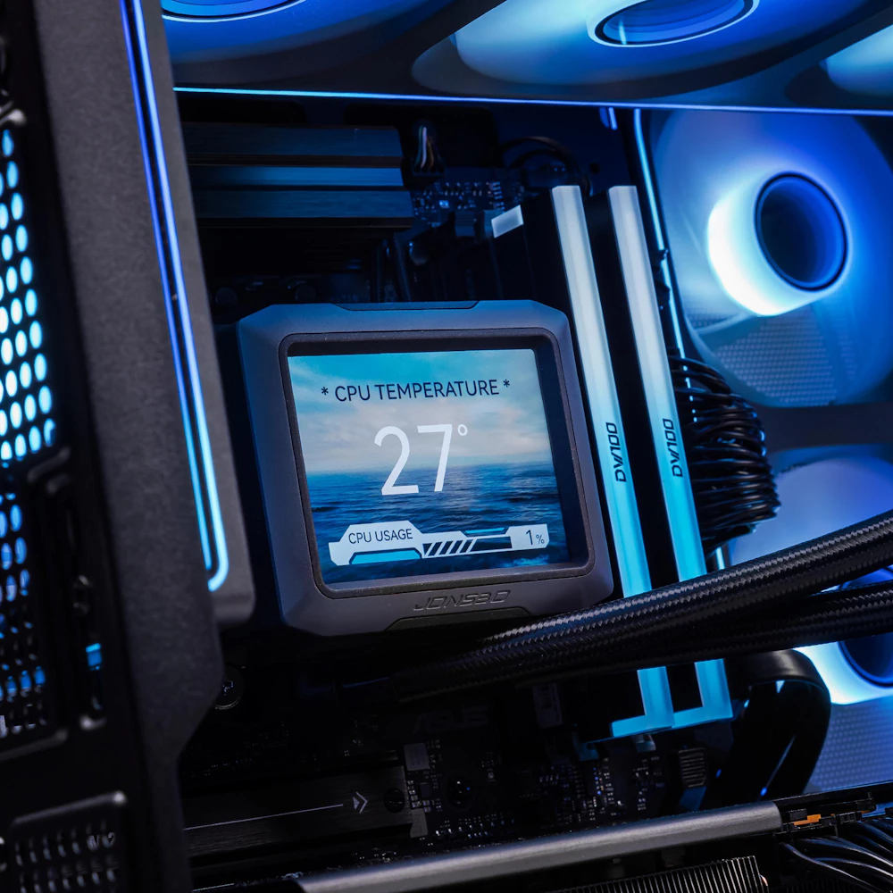 A large main feature product image of PLE Monsoon RX 9070 XT Prebuilt Ready To Go Gaming PC