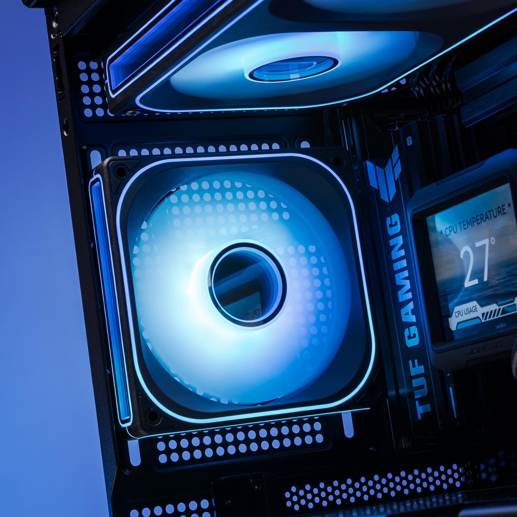 A large main feature product image of PLE Monsoon RX 9070 XT Prebuilt Ready To Go Gaming PC