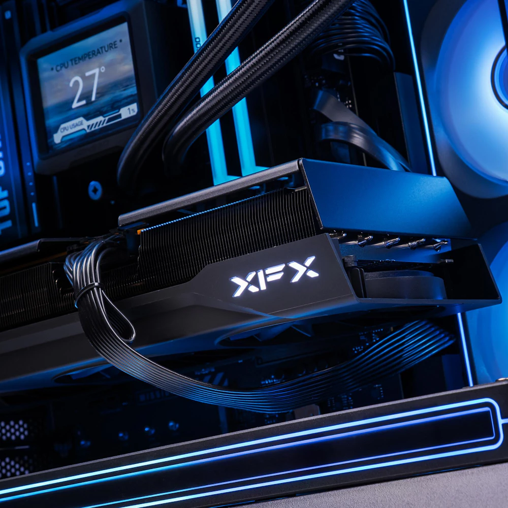 A large main feature product image of PLE Monsoon RX 9070 XT Prebuilt Ready To Go Gaming PC