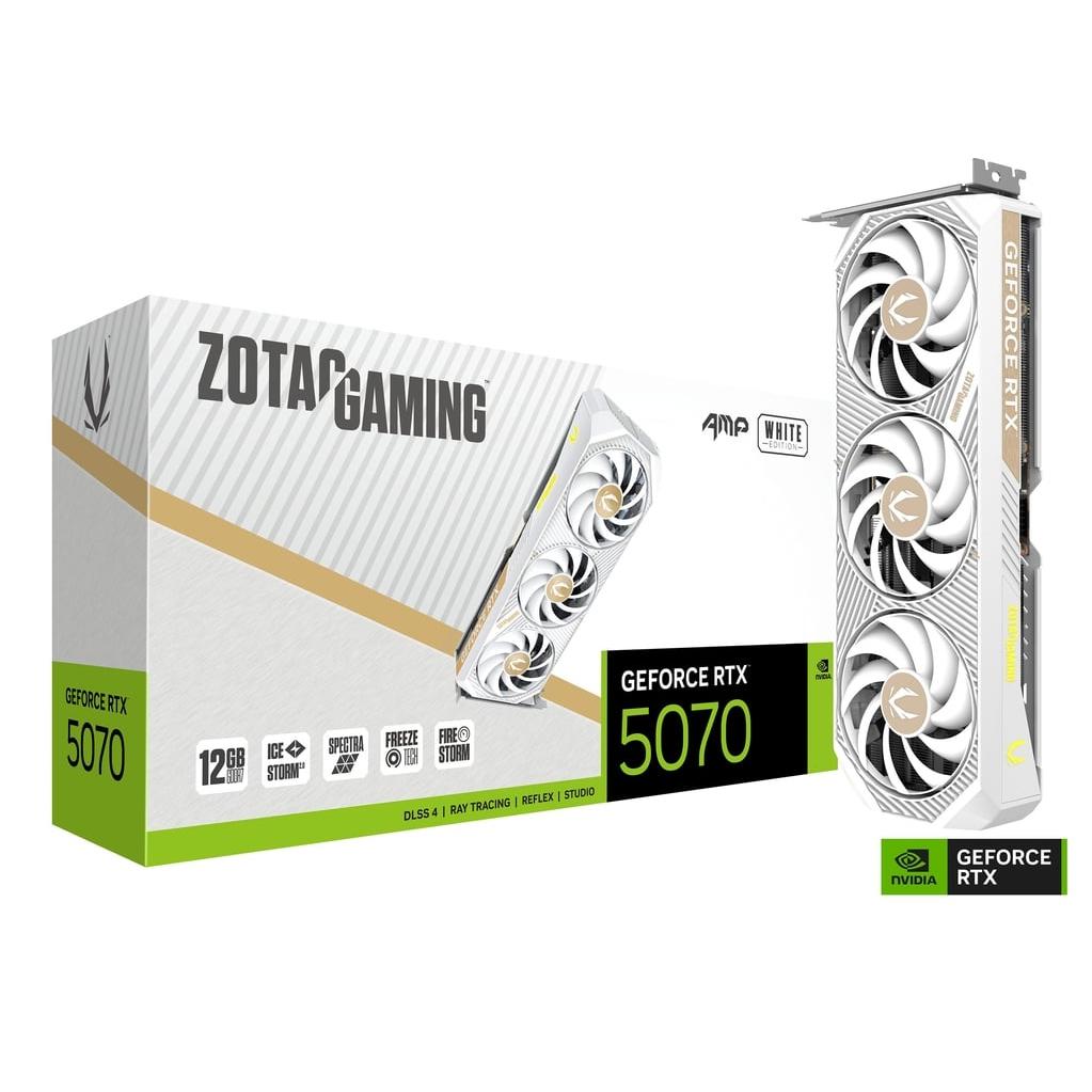 A large main feature product image of ZOTAC GAMING GeForce RTX 5070 AMP 12GB GDDR7 - White