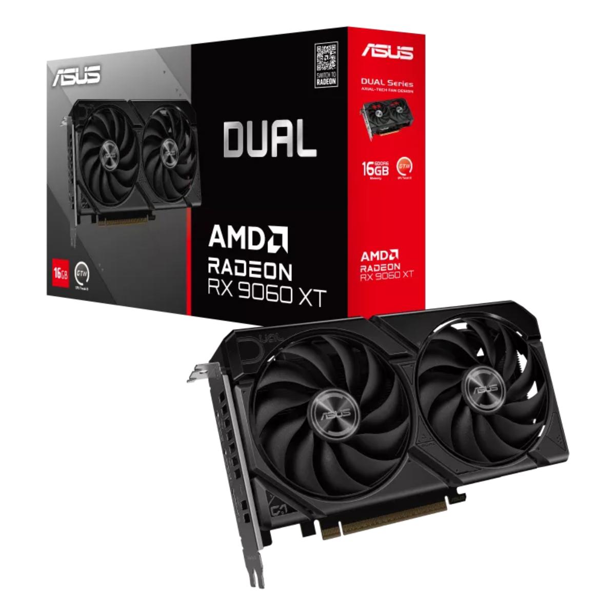A large main feature product image of ASUS Radeon RX 9060 XT Dual 16GB GDDR6