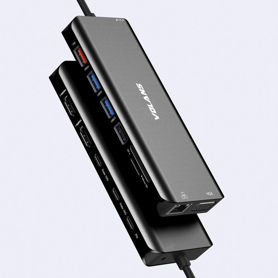 A large main feature product image of EX-DEMO Volans Aluminium 14-in-1 Triple Display Multifunctional USB Type-C Hub - With 100W Power Delivery (V2)