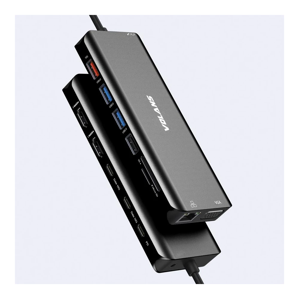 A large main feature product image of EX-DEMO Volans Aluminium 14-in-1 Triple Display Multifunctional USB Type-C Hub - With 100W Power Delivery (V2)