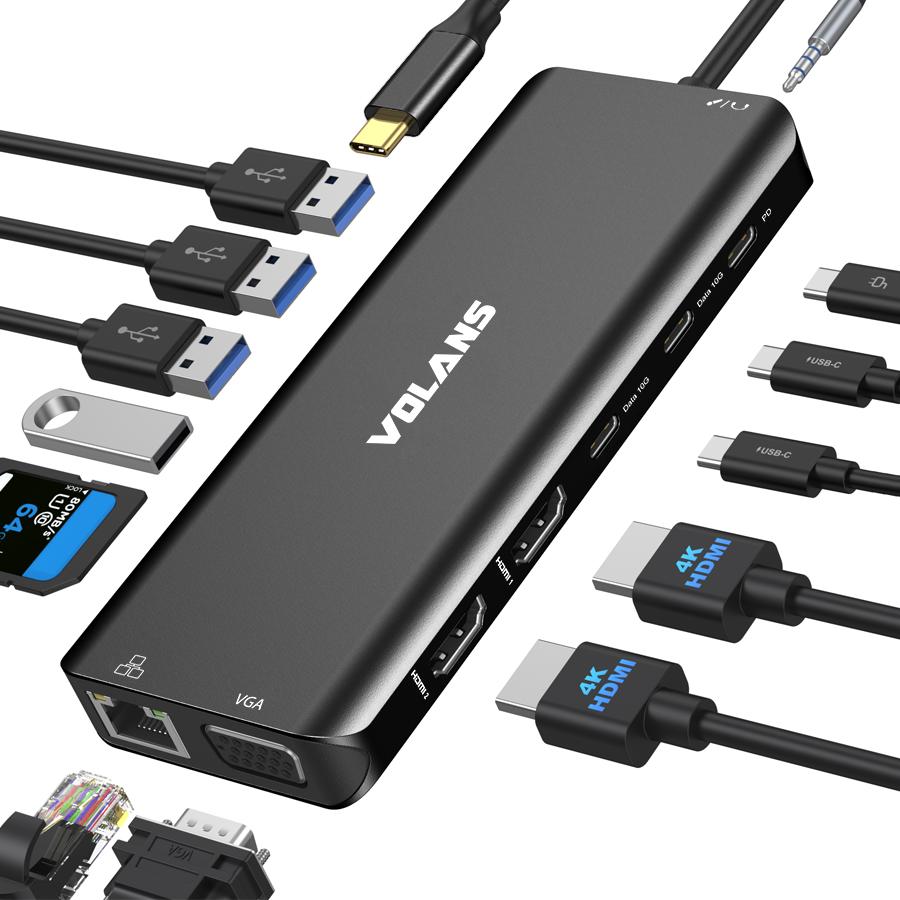 A large main feature product image of EX-DEMO Volans Aluminium 14-in-1 Triple Display Multifunctional USB Type-C Hub - With 100W Power Delivery (V2)