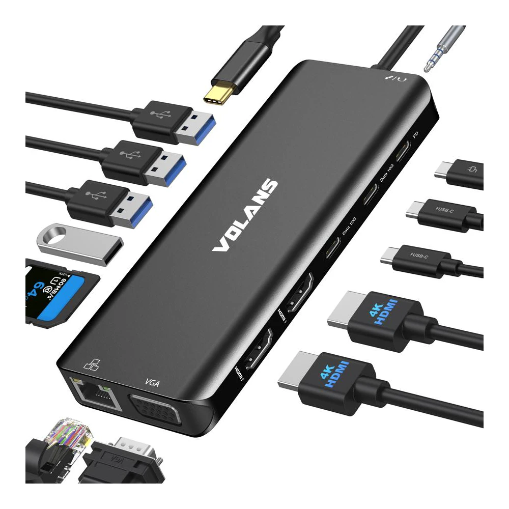 A large main feature product image of EX-DEMO Volans Aluminium 14-in-1 Triple Display Multifunctional USB Type-C Hub - With 100W Power Delivery (V2)