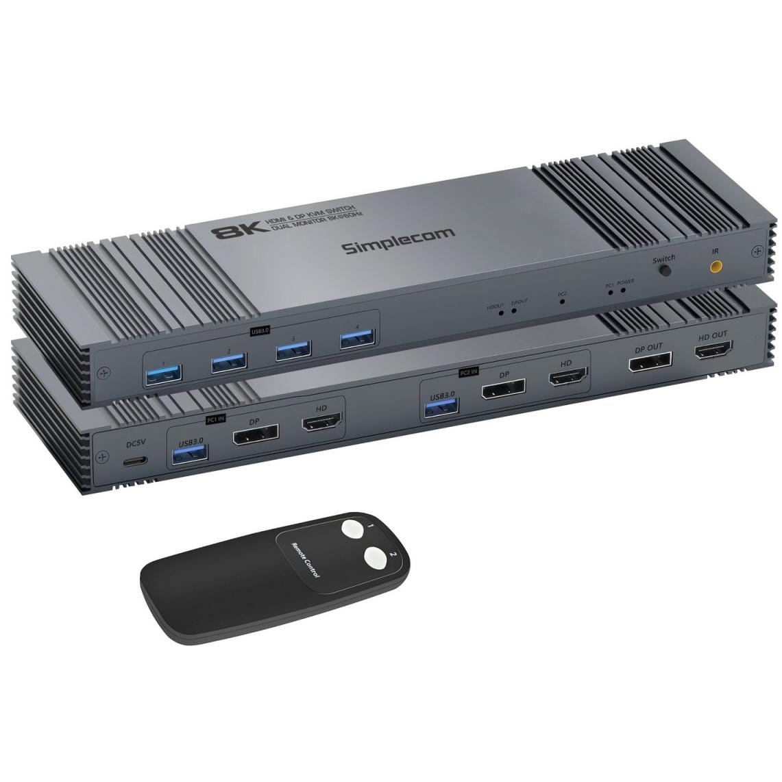 A large main feature product image of EX-DEMO Simplecom KM490 HDMI and DisplayPort Dual Monitor KVM Switch for 2 Computers with 4-Port USB 3.0 Hub 5Gbps 8K@60Hz