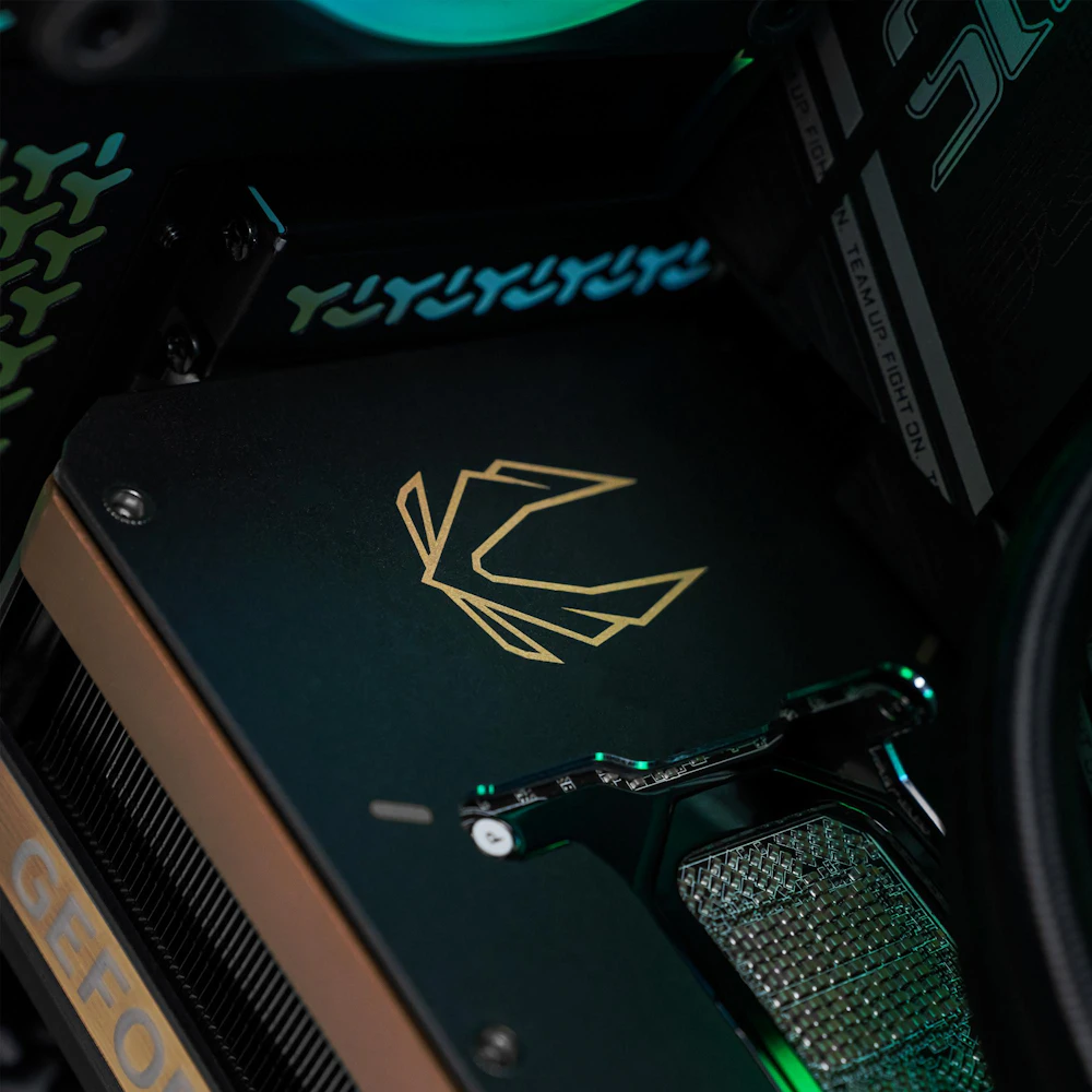 A large main feature product image of PLE Trident RTX 5090 Prebuilt Ready To Go Gaming PC