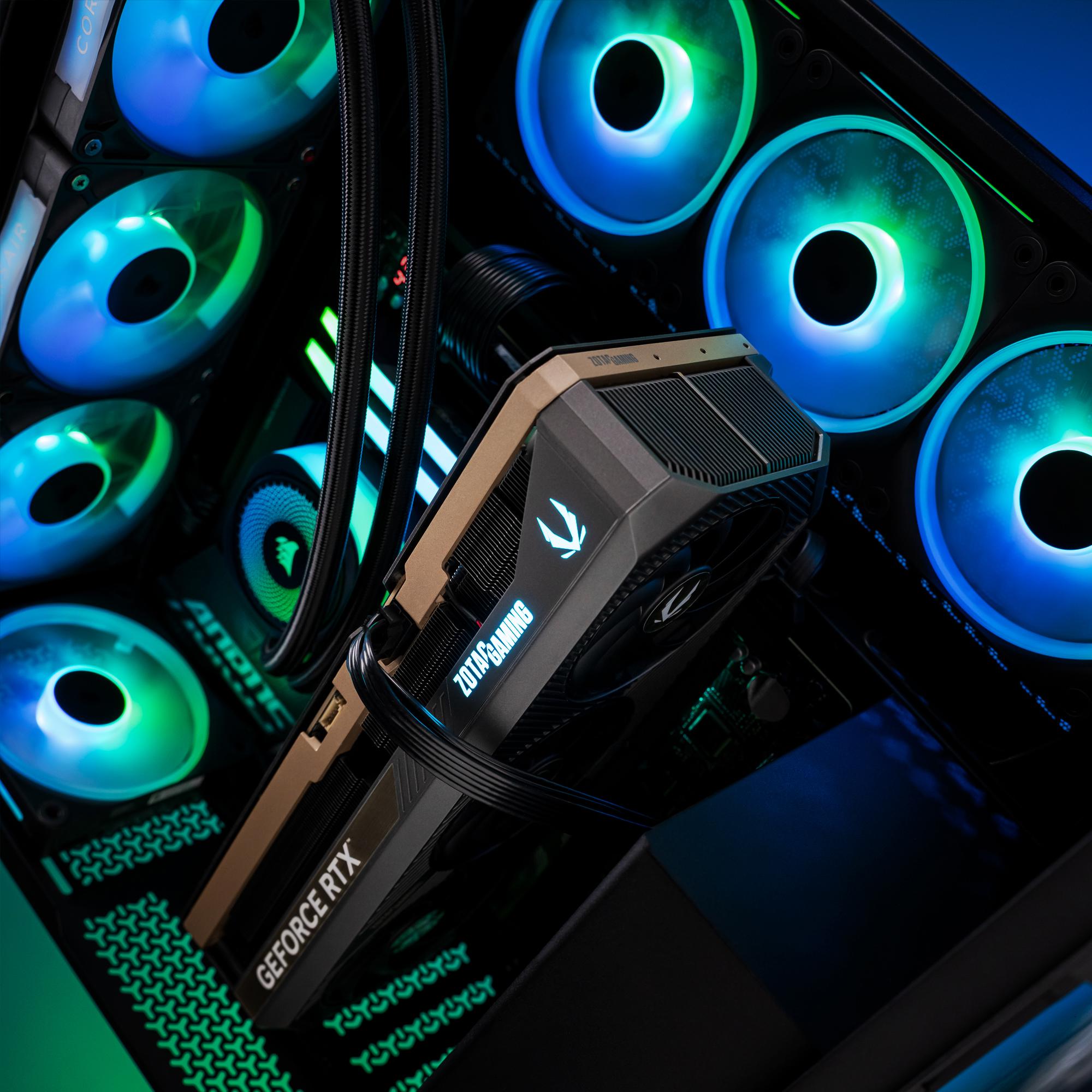 A large main feature product image of PLE Trident RTX 5090 Prebuilt Ready To Go Gaming PC