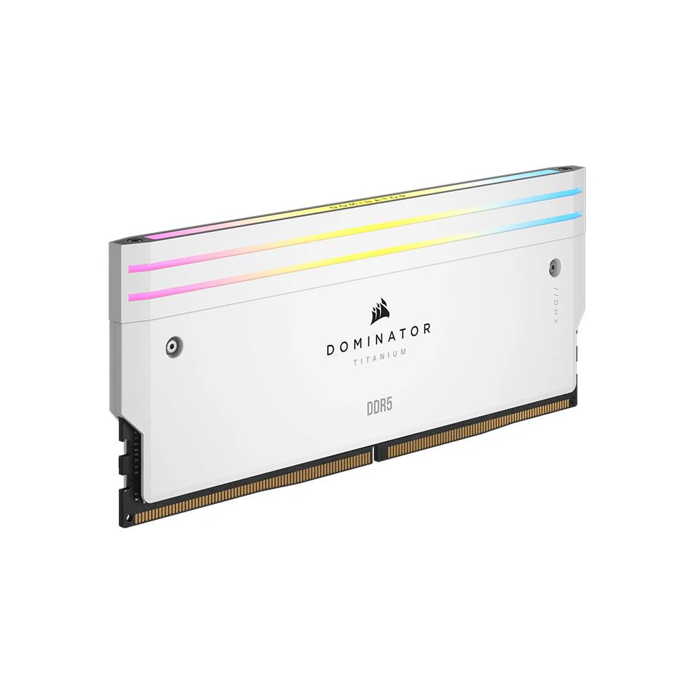 A large main feature product image of EX-DEMO Corsair Dominator Titanium RGB 32GB Kit (2x16GB) XMP DDR5-6000 C30 (White)