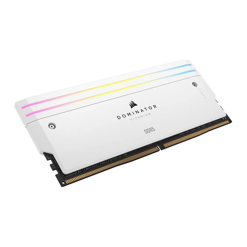 A large main feature product image of EX-DEMO Corsair Dominator Titanium RGB 32GB Kit (2x16GB) XMP DDR5-6000 C30 (White)