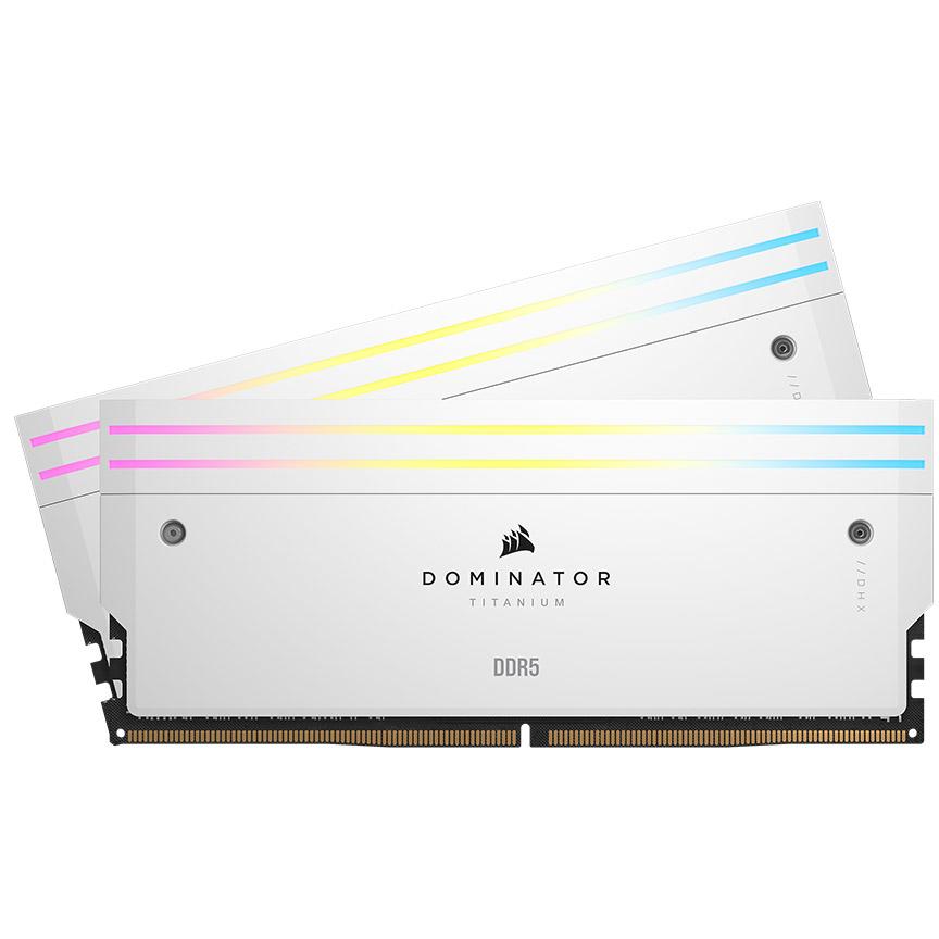 A large main feature product image of EX-DEMO Corsair Dominator Titanium RGB 32GB Kit (2x16GB) XMP DDR5-6000 C30 (White)