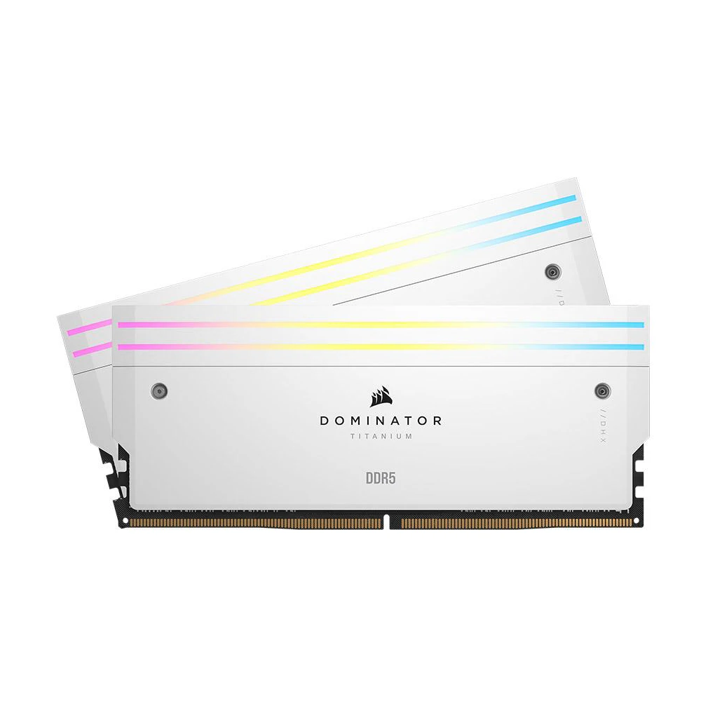 A large main feature product image of EX-DEMO Corsair Dominator Titanium RGB 32GB Kit (2x16GB) XMP DDR5-6000 C30 (White)