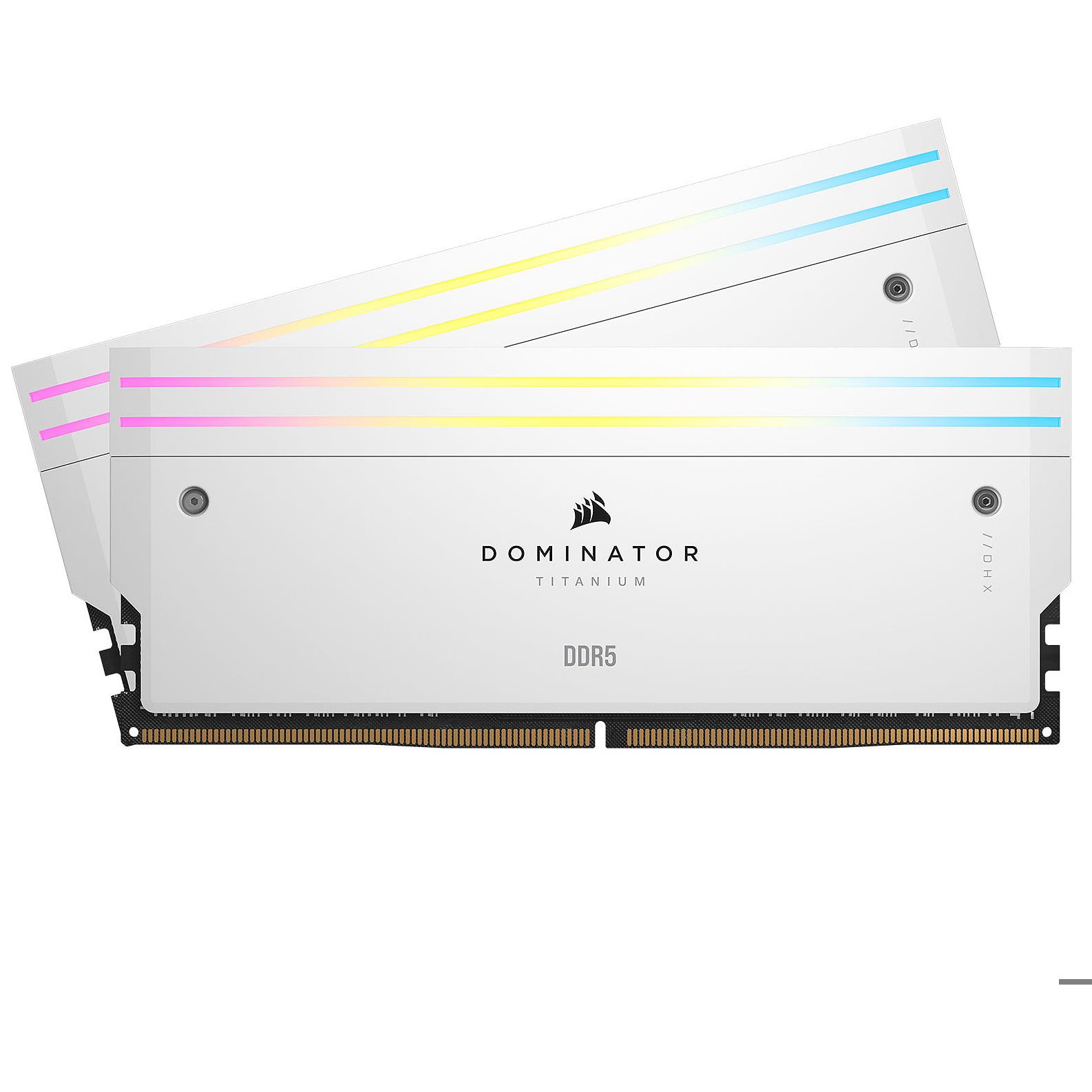 A large main feature product image of EX-DEMO Corsair Dominator Titanium RGB 64GB Kit (2x32GB) XMP DDR5-6400 C32 (White)