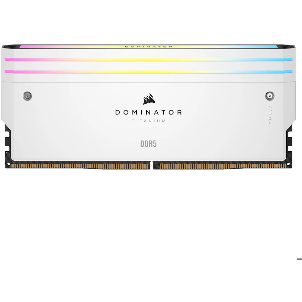 A large main feature product image of EX-DEMO Corsair Dominator Titanium RGB 64GB Kit (2x32GB) XMP DDR5-6400 C32 (White)