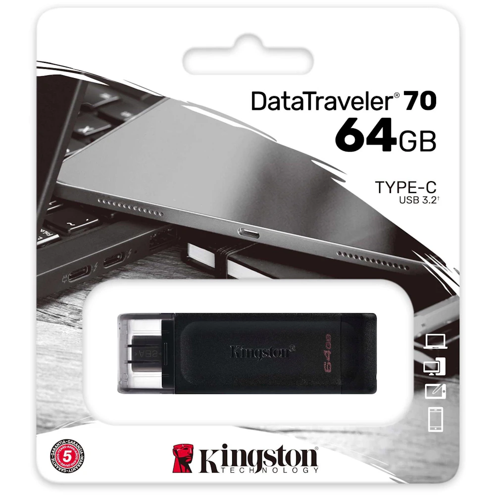 A large main feature product image of EX-DEMO Kingston DataTraveler 70 64GB USB 3.2 Gen 1 Type-C Flash Drive