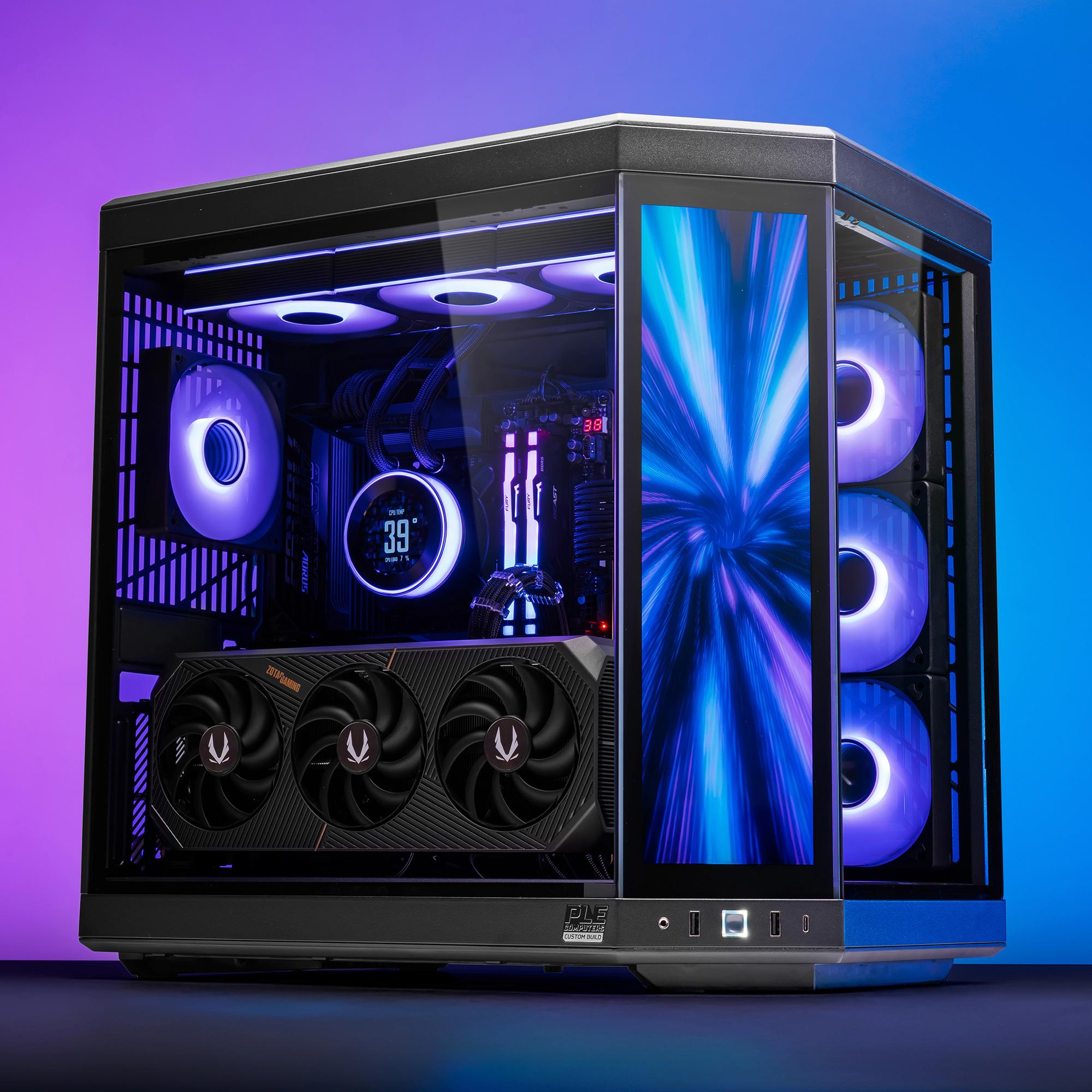 A large main feature product image of PLE Infinite RTX 5090 Prebuilt Ready To Go Gaming PC