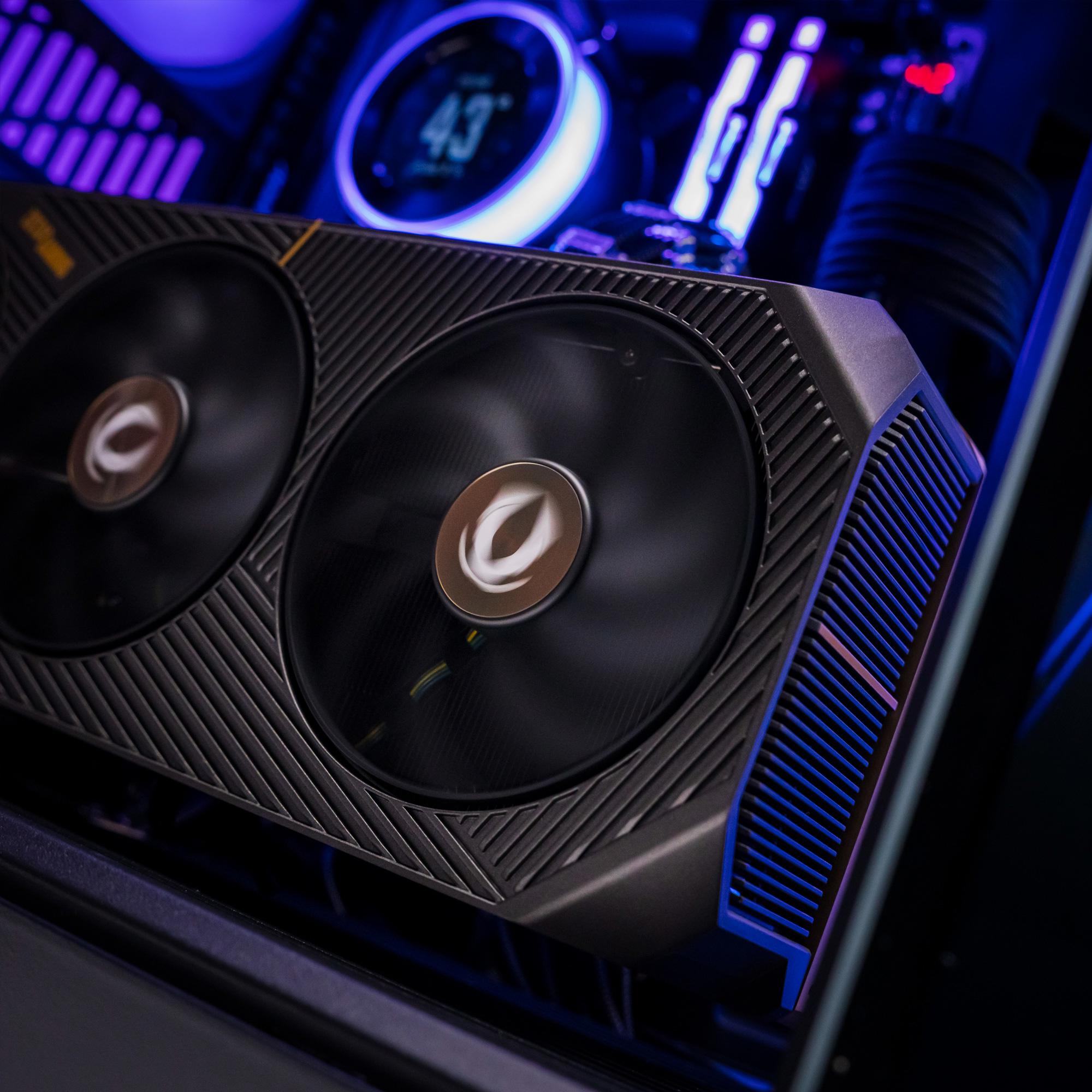 A large main feature product image of PLE Infinite RTX 5090 Prebuilt Ready To Go Gaming PC