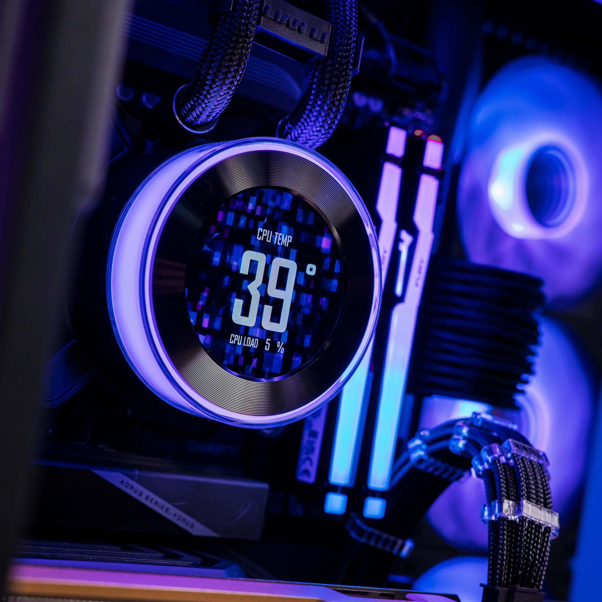 A large main feature product image of PLE Infinite RTX 5090 Prebuilt Ready To Go Gaming PC