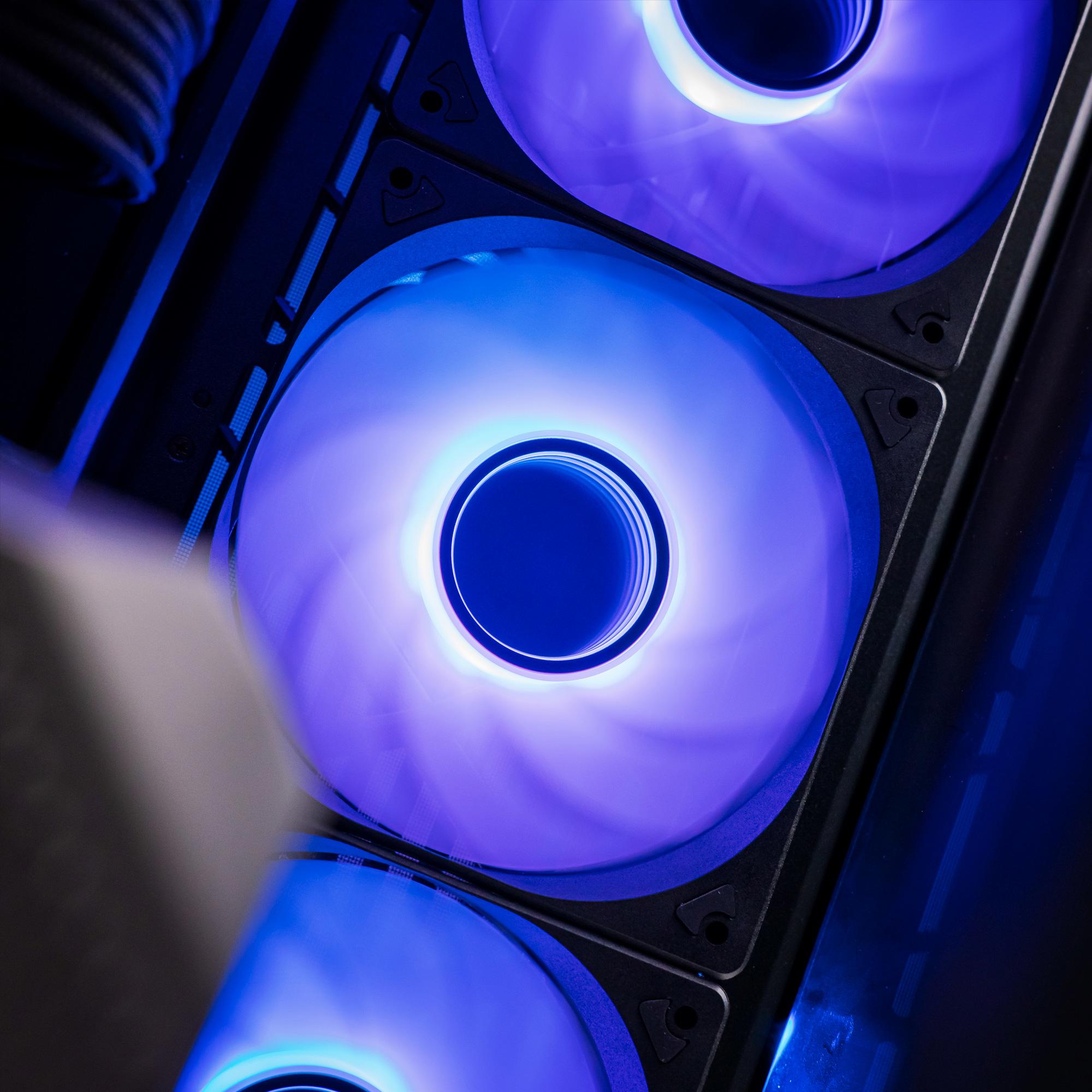 A large main feature product image of PLE Infinite RTX 5090 Prebuilt Ready To Go Gaming PC