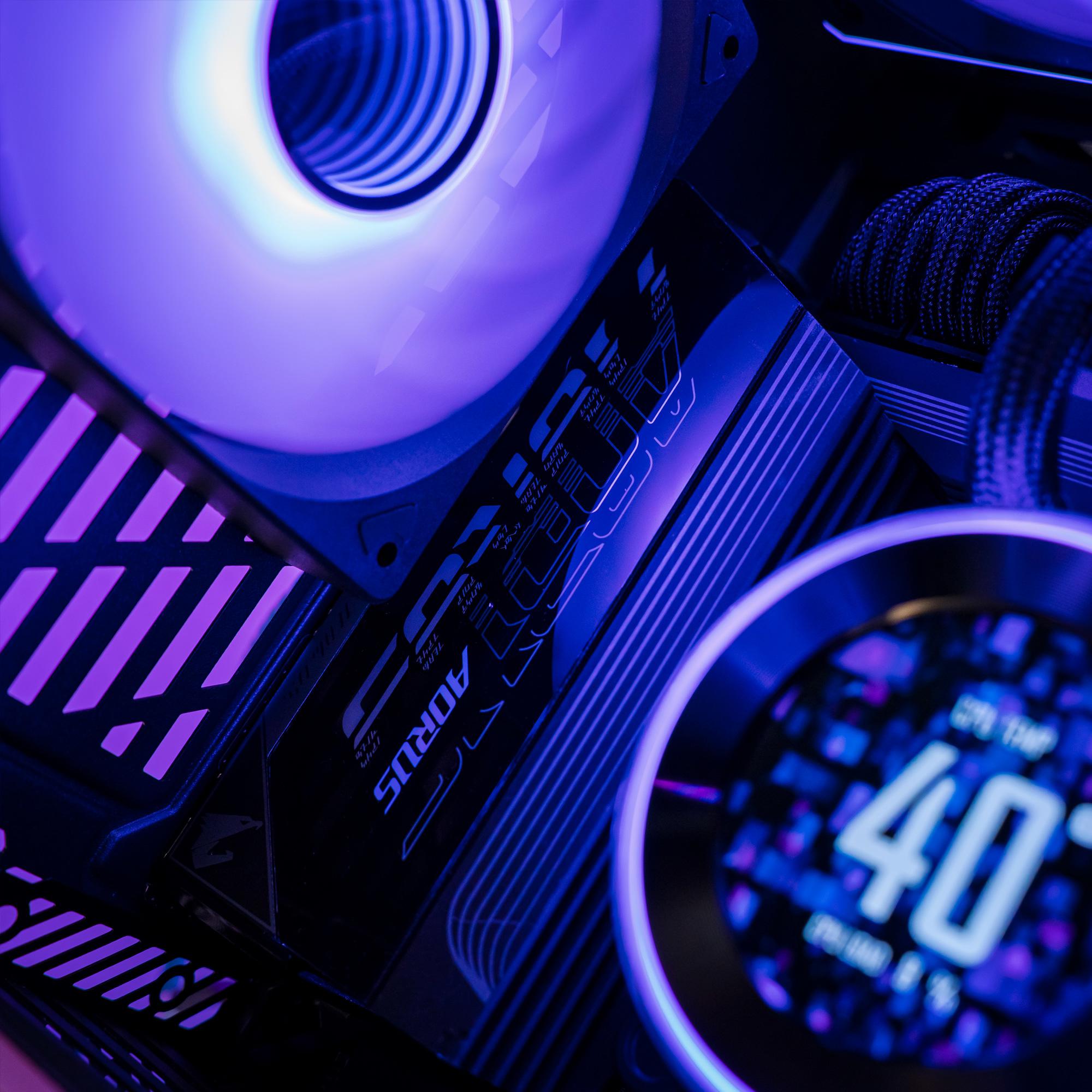 A large main feature product image of PLE Infinite RTX 5090 Prebuilt Ready To Go Gaming PC