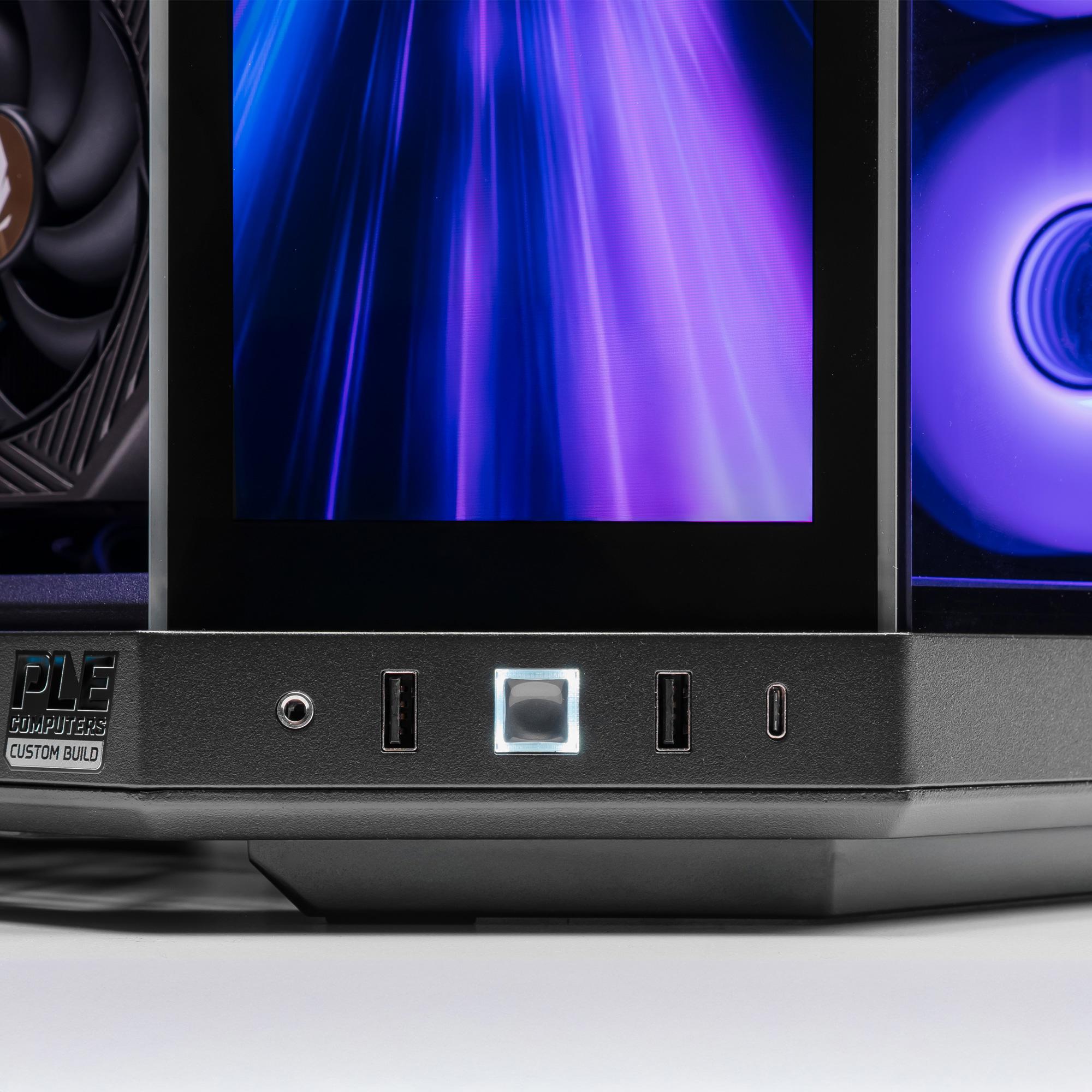 A large main feature product image of PLE Infinite RTX 5090 Prebuilt Ready To Go Gaming PC