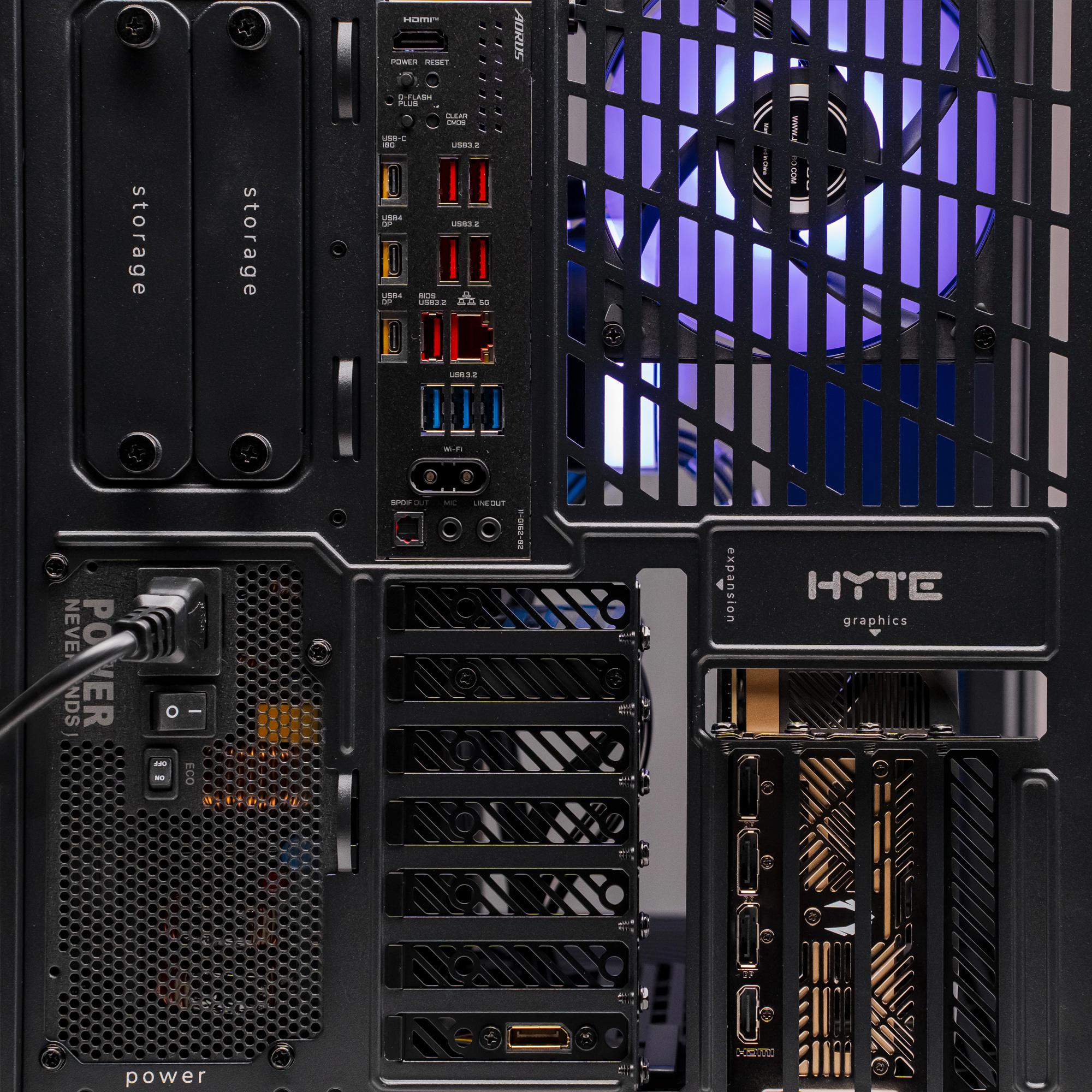A large main feature product image of PLE Infinite RTX 5090 Prebuilt Ready To Go Gaming PC