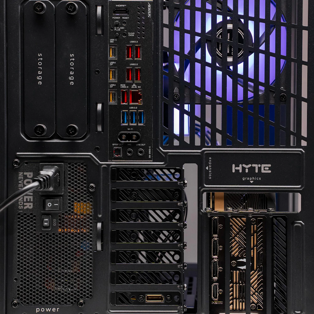 A large main feature product image of PLE Infinite RTX 5090 Prebuilt Ready To Go Gaming PC