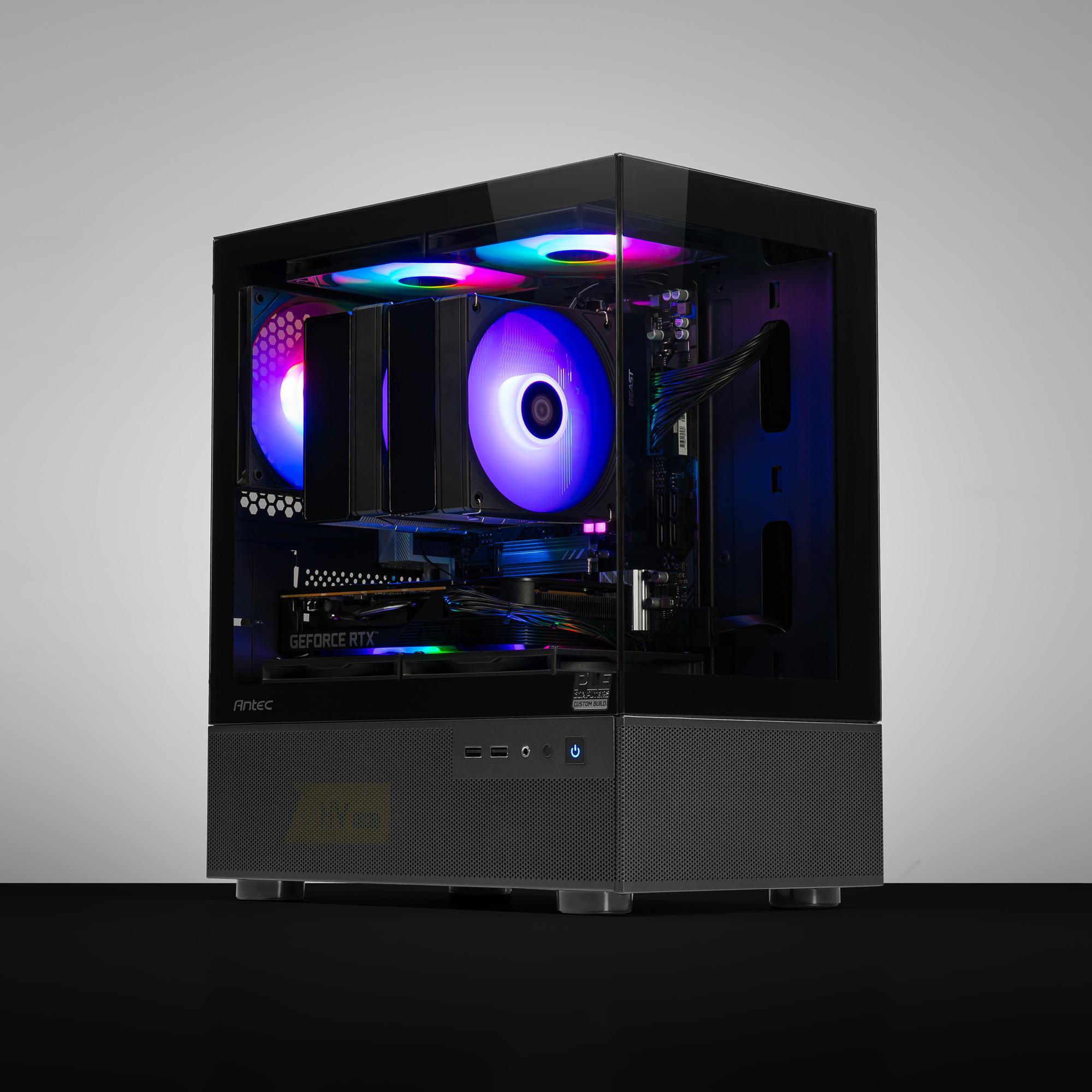 A large main feature product image of PLE Aqua RTX 5050 Prebuilt Ready To Go Gaming PC