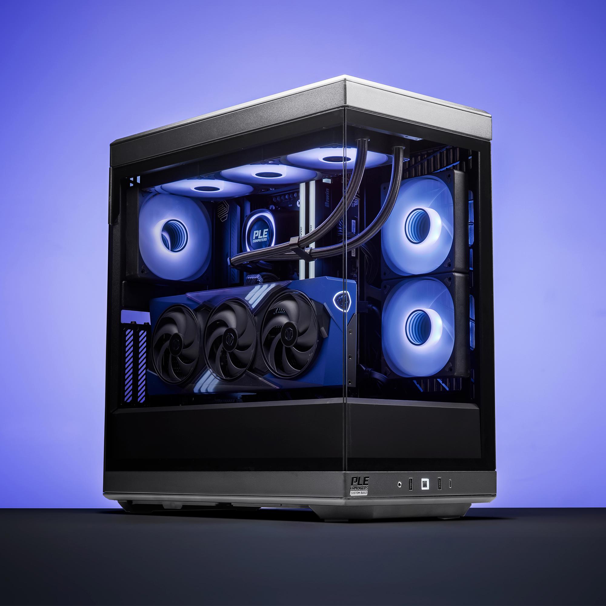 A large main feature product image of PLE Midnight Void RTX 5070 Prebuilt Ready To Go Gaming PC