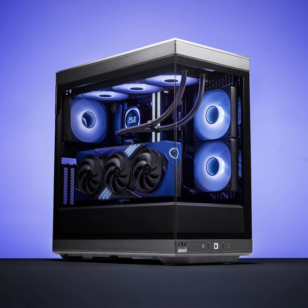 A large main feature product image of PLE Midnight Void RTX 5070 Prebuilt Ready To Go Gaming PC