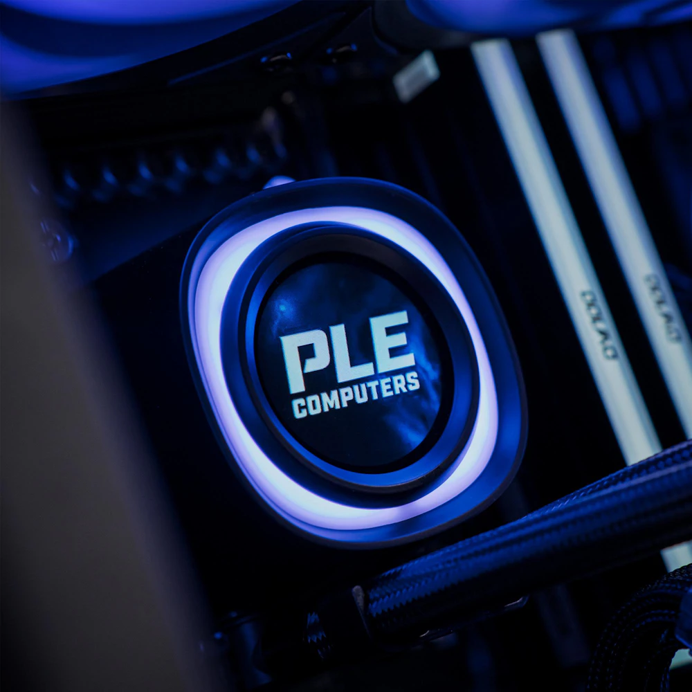 A large main feature product image of PLE Midnight Void RTX 5070 Prebuilt Ready To Go Gaming PC