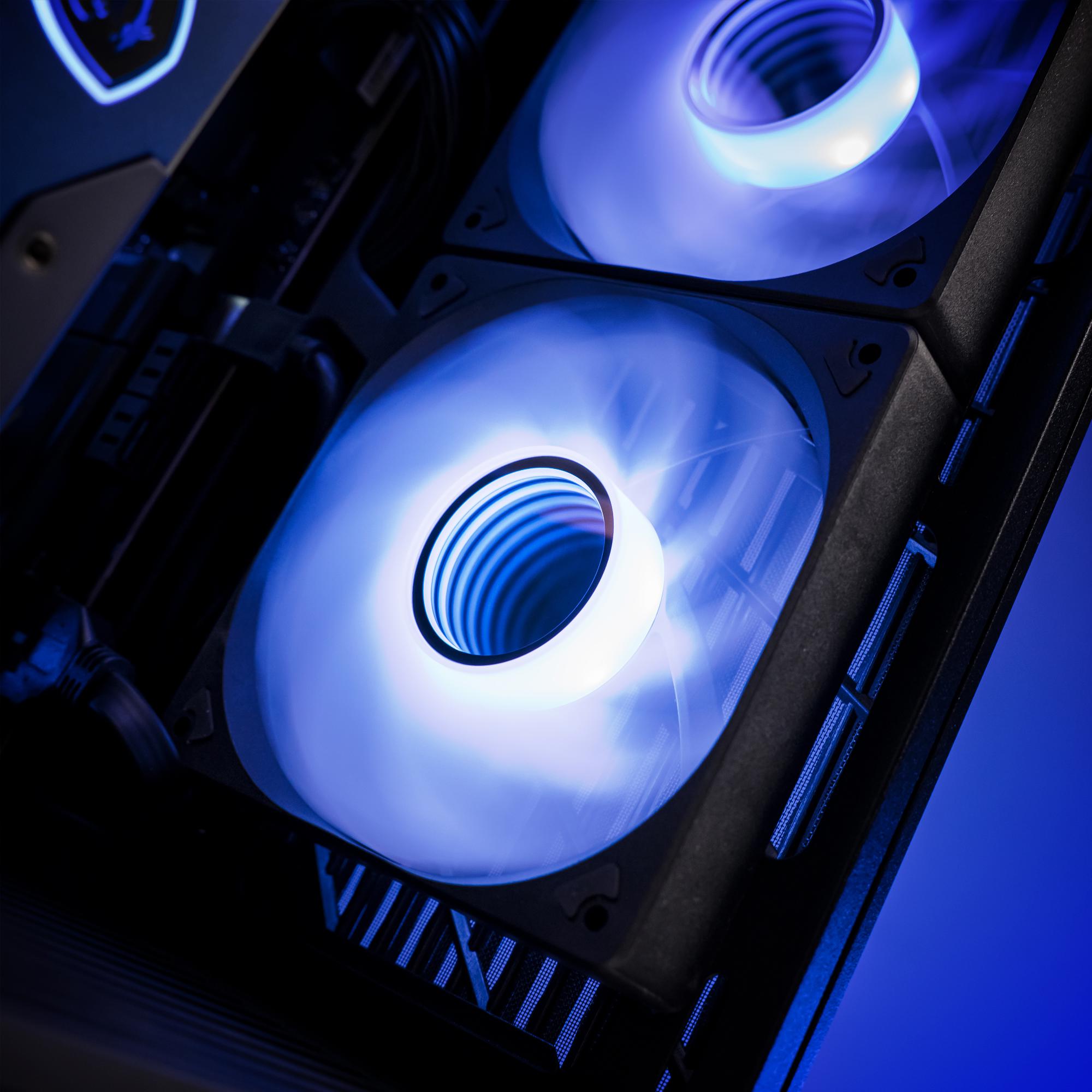 A large main feature product image of PLE Midnight Void RTX 5070 Prebuilt Ready To Go Gaming PC