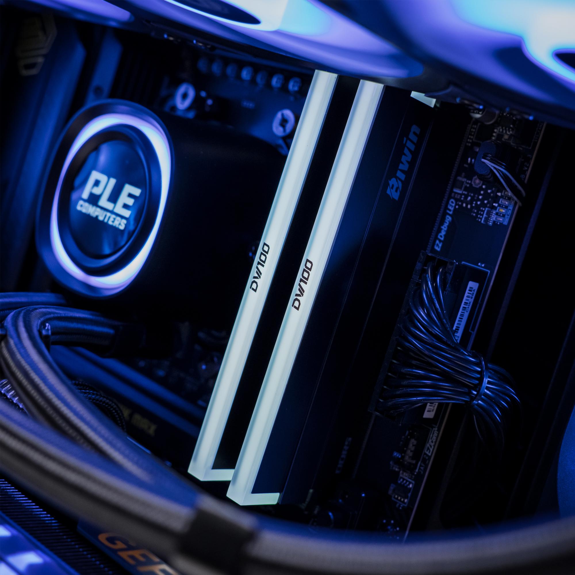 A large main feature product image of PLE Midnight Void RTX 5070 Prebuilt Ready To Go Gaming PC