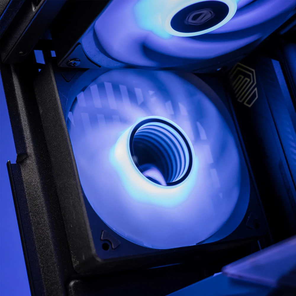 A large main feature product image of PLE Midnight Void RTX 5070 Prebuilt Ready To Go Gaming PC