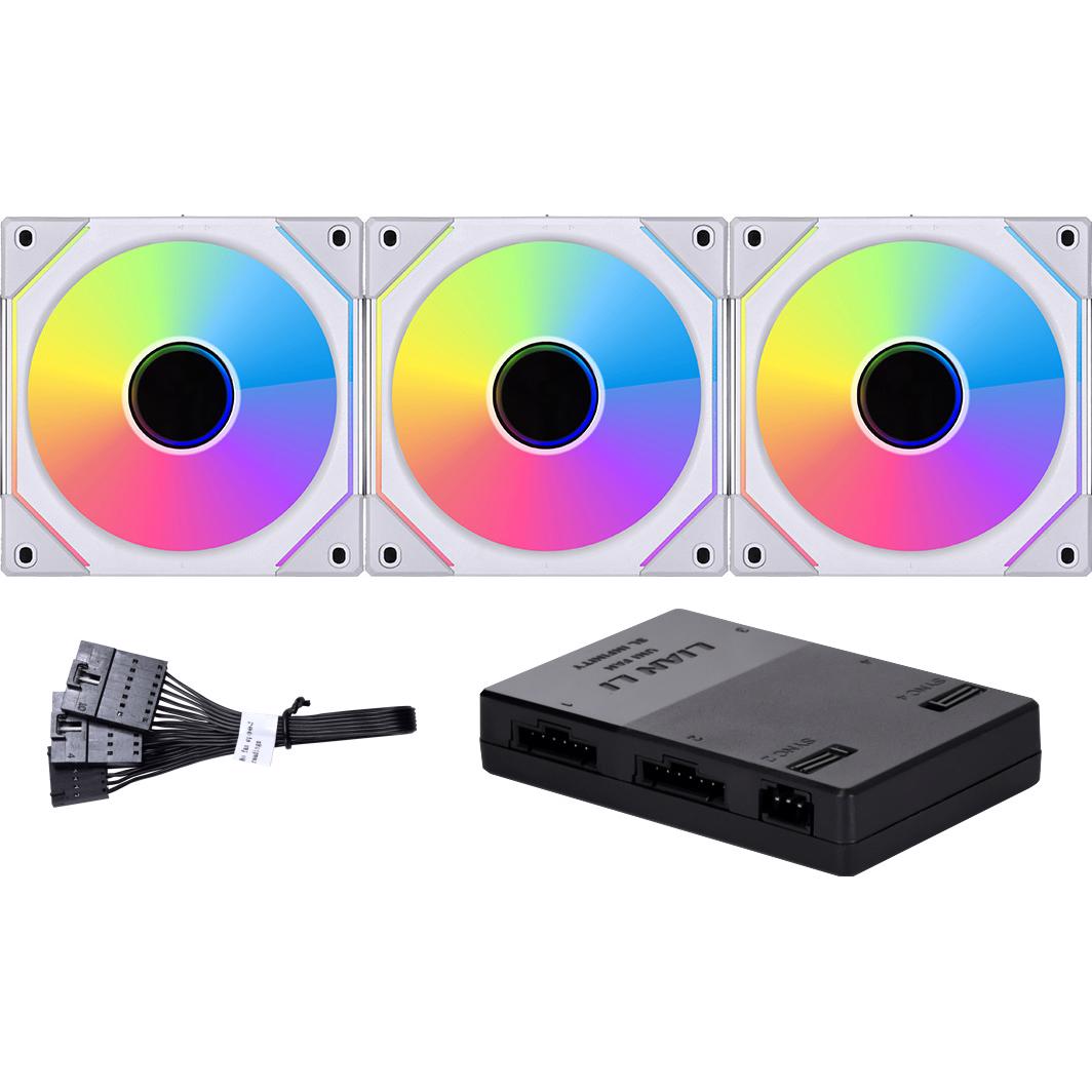 A large main feature product image of EX-DEMO Lian Li UNI FAN SL120 Infinity - 120mm Modular Fan 3-Pack w/ Controller (White)
