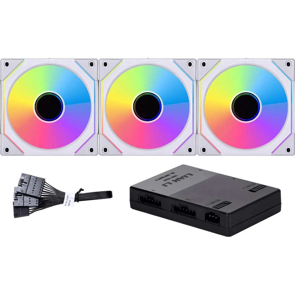 A large main feature product image of EX-DEMO Lian Li UNI FAN SL120 Infinity - 120mm Modular Fan 3-Pack w/ Controller (White)
