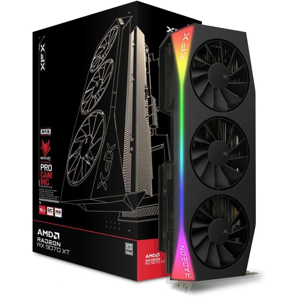 A large main feature product image of XFX Radeon RX 9070 XT Mercury OC 16GB GDDR6