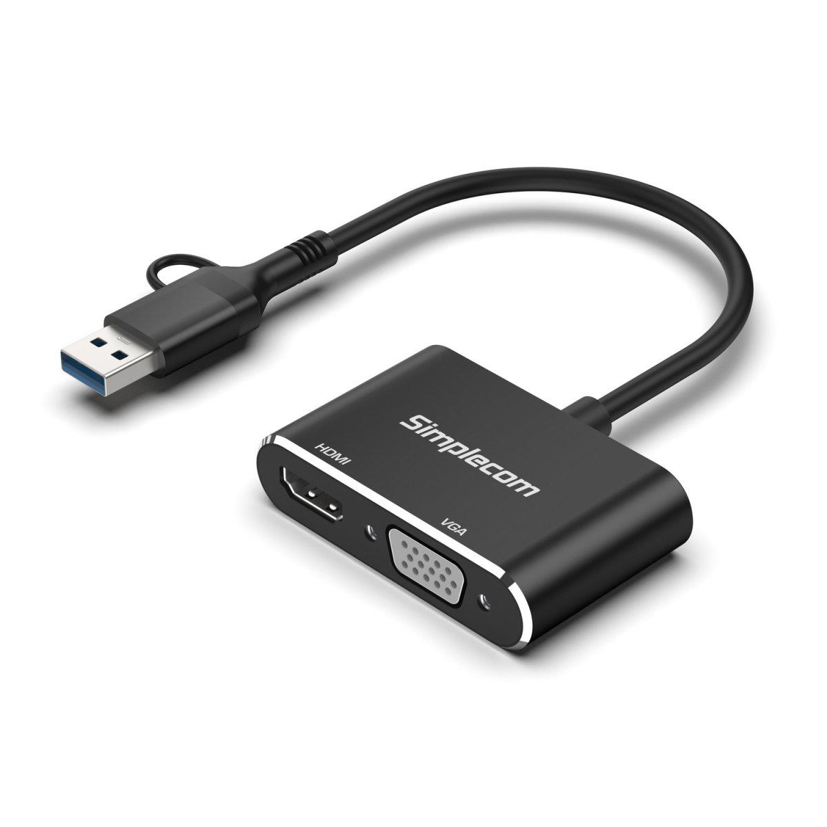 A large main feature product image of Simplecom DA326C USB to HDMI/VGA Adapter