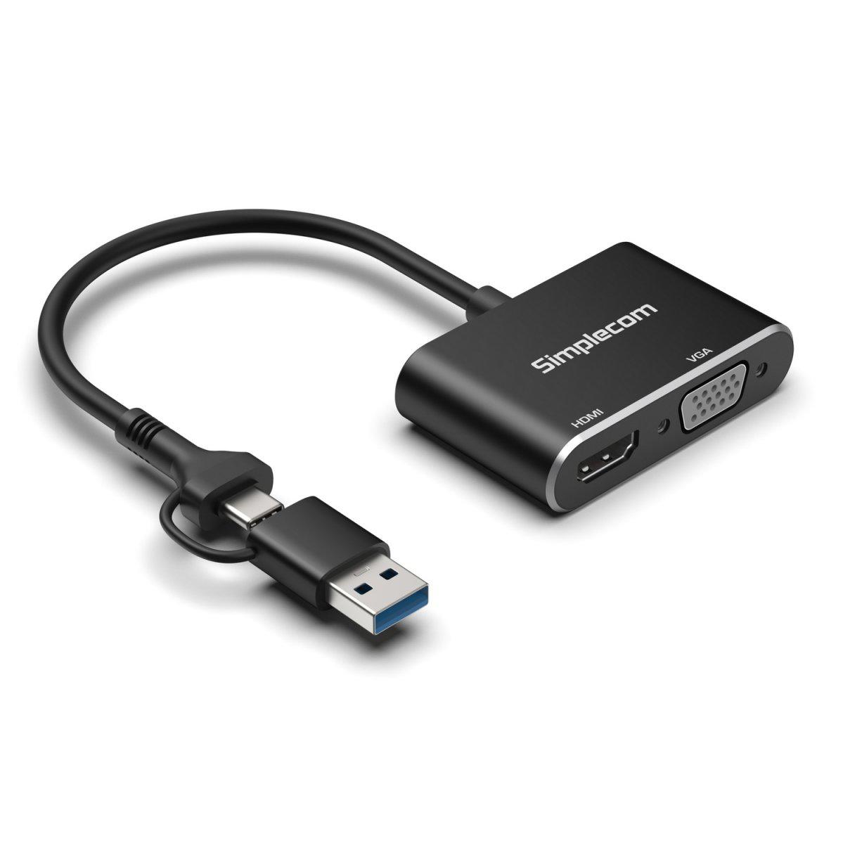 A large main feature product image of Simplecom DA326C USB to HDMI/VGA Adapter