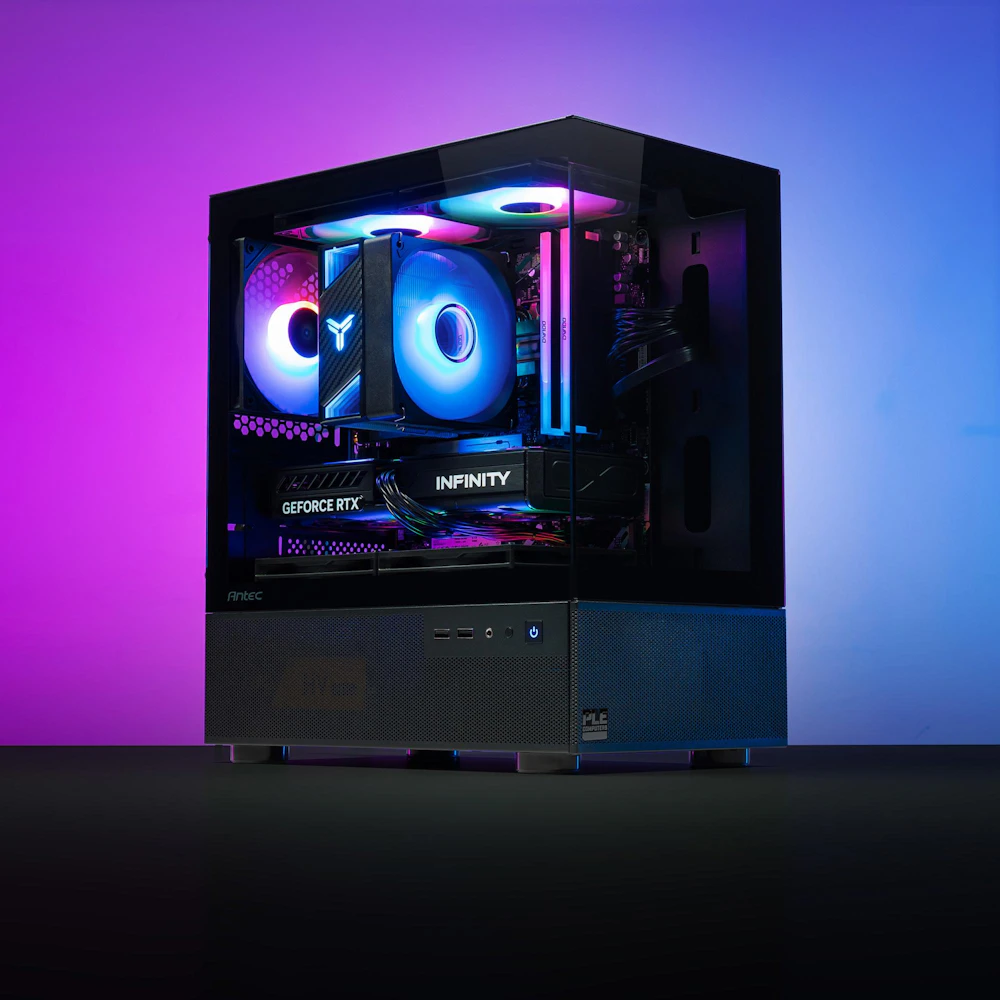A large main feature product image of PLE Neon RTX 5060 Prebuilt Ready To Go Gaming PC