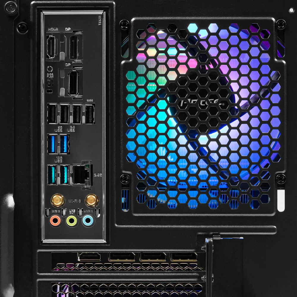A large main feature product image of PLE Neon RTX 5060 Prebuilt Ready To Go Gaming PC