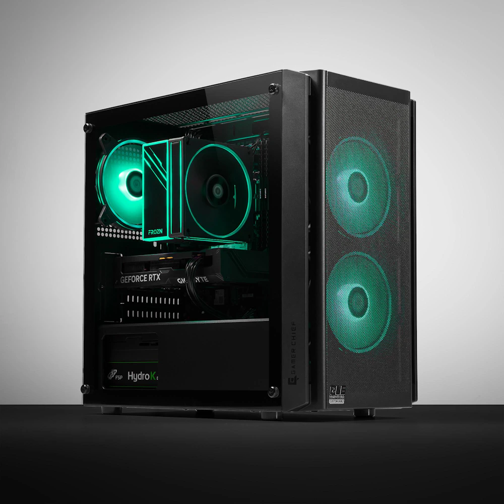 A large main feature product image of PLE Opal RTX 5050 Prebuilt Ready To Go Gaming PC