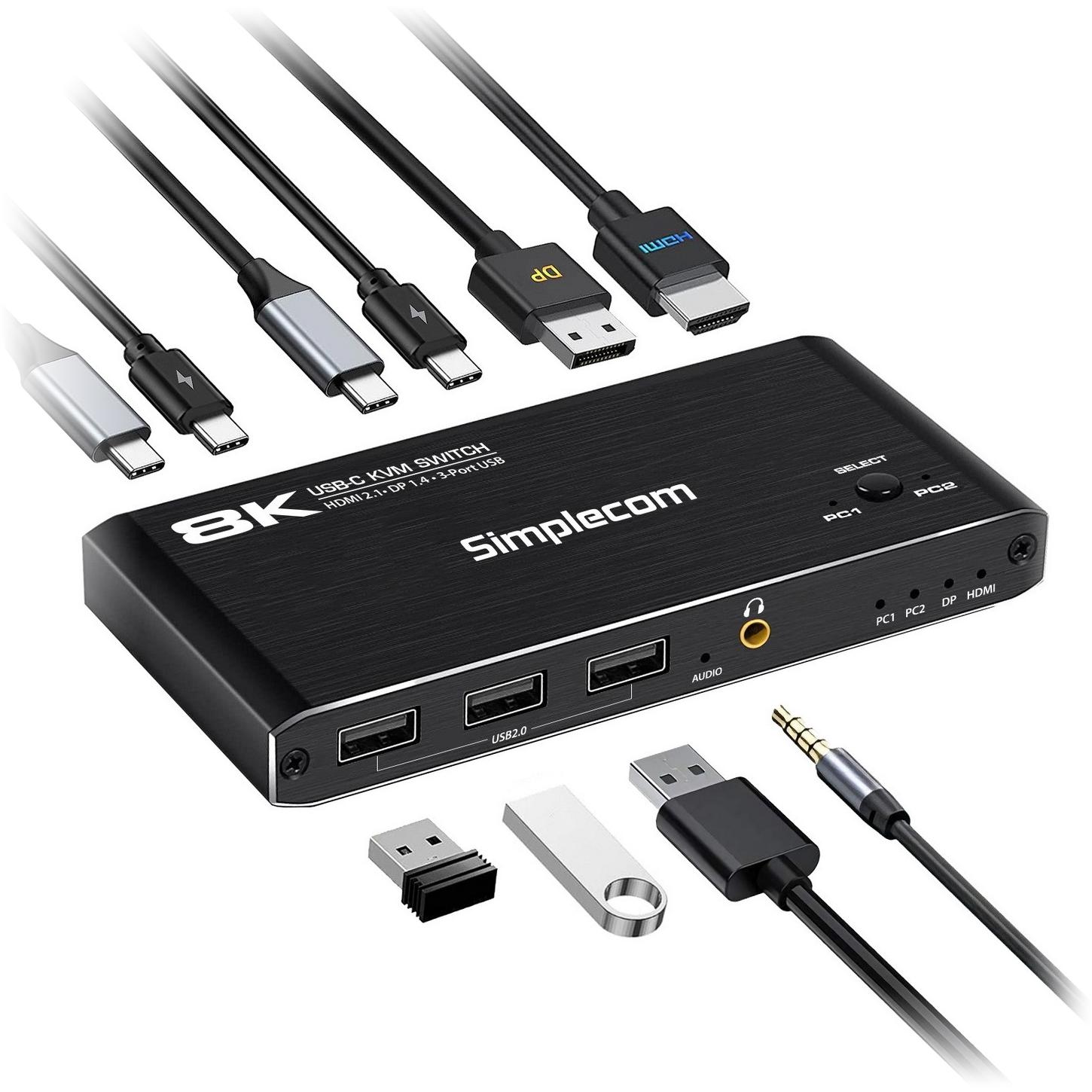 A large main feature product image of EX-DEMO Simplecom KM470 2-Port USB-C KVM Switch 8K Docking Station with 100w Power Delivery