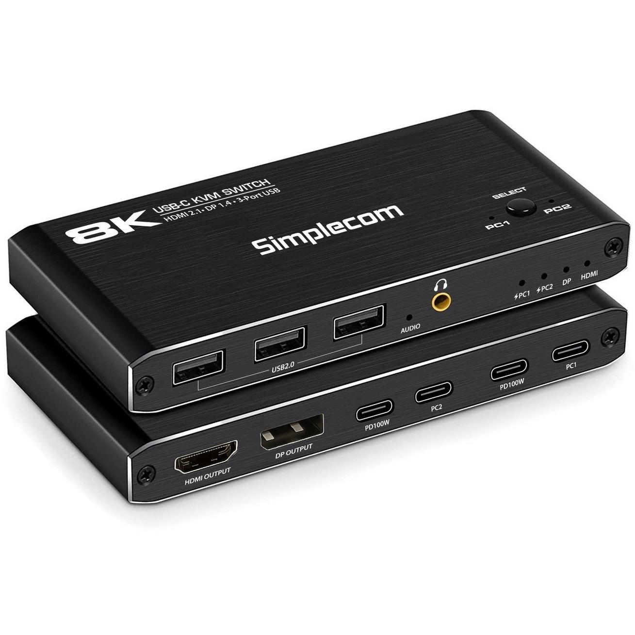 A large main feature product image of EX-DEMO Simplecom KM470 2-Port USB-C KVM Switch 8K Docking Station with 100w Power Delivery