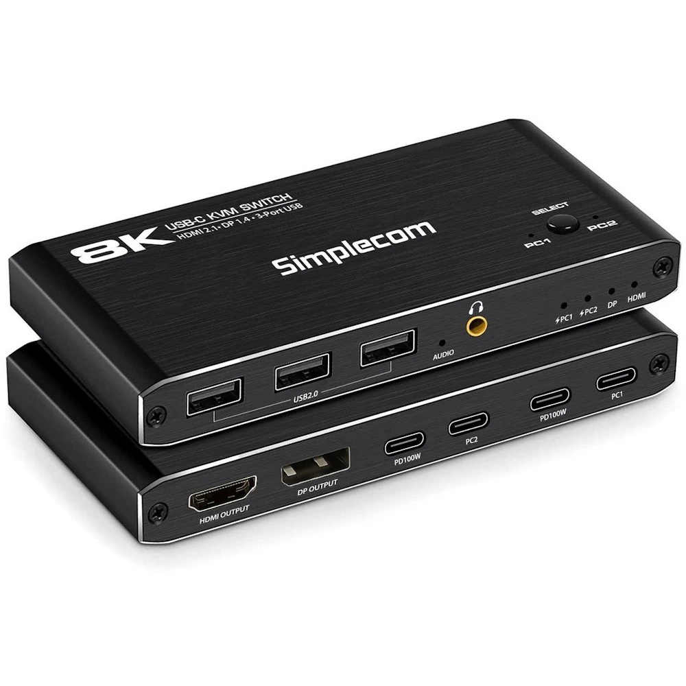 A large main feature product image of EX-DEMO Simplecom KM470 2-Port USB-C KVM Switch 8K Docking Station with 100w Power Delivery