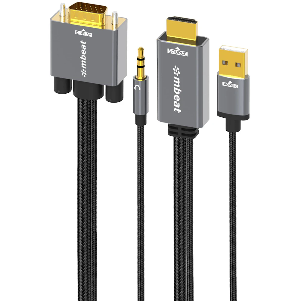 A large main feature product image of EX-DEMO mbeat Tough Link HDMI to VGA Cable with USB Power & 3.5mm Audio - 1.8m