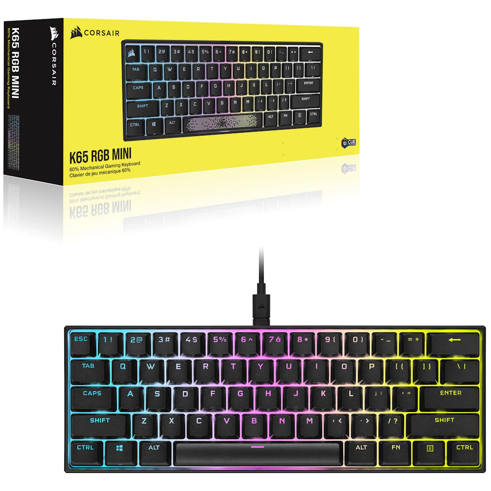 A large main feature product image of EX-DEMO Corsair K65 RGB MINI 60% Mechanical Gaming Keyboard - Black (MX Speed)